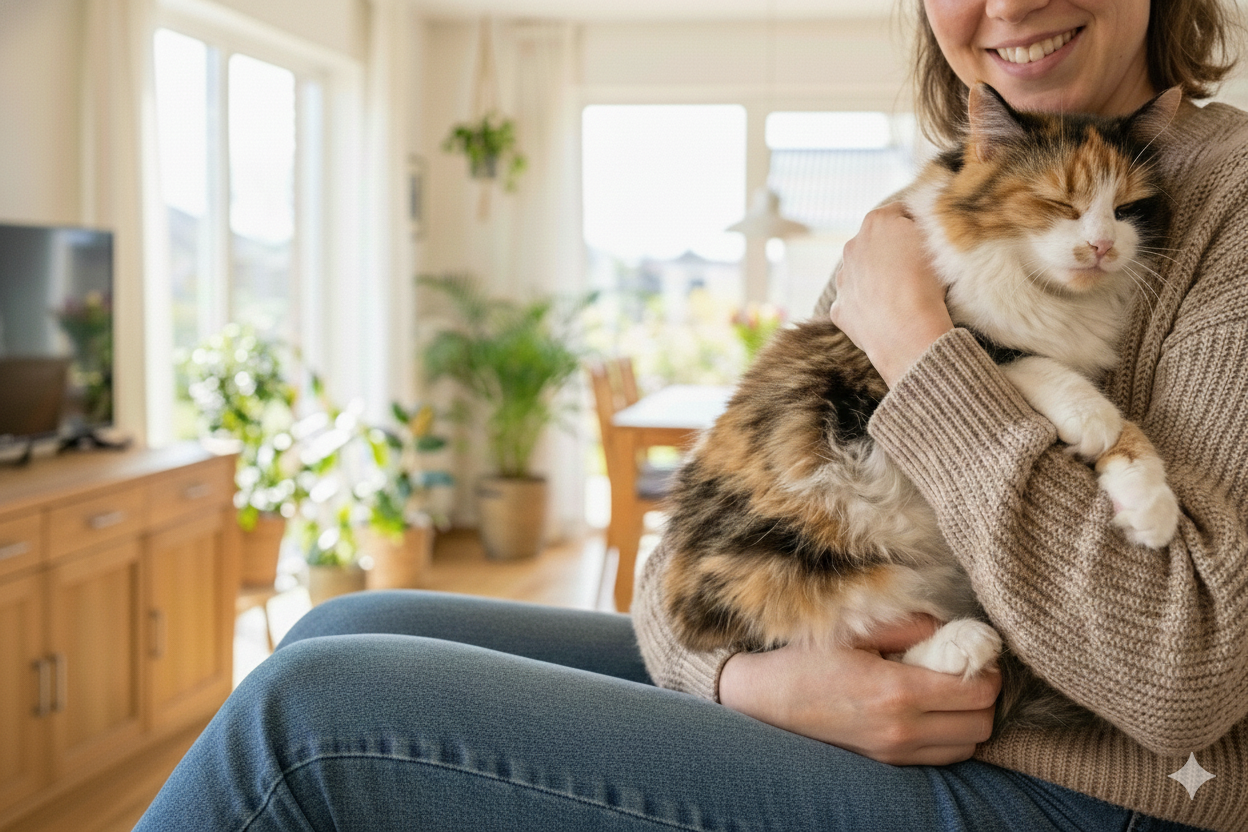 光の粒子に包まれて見上げる白猫